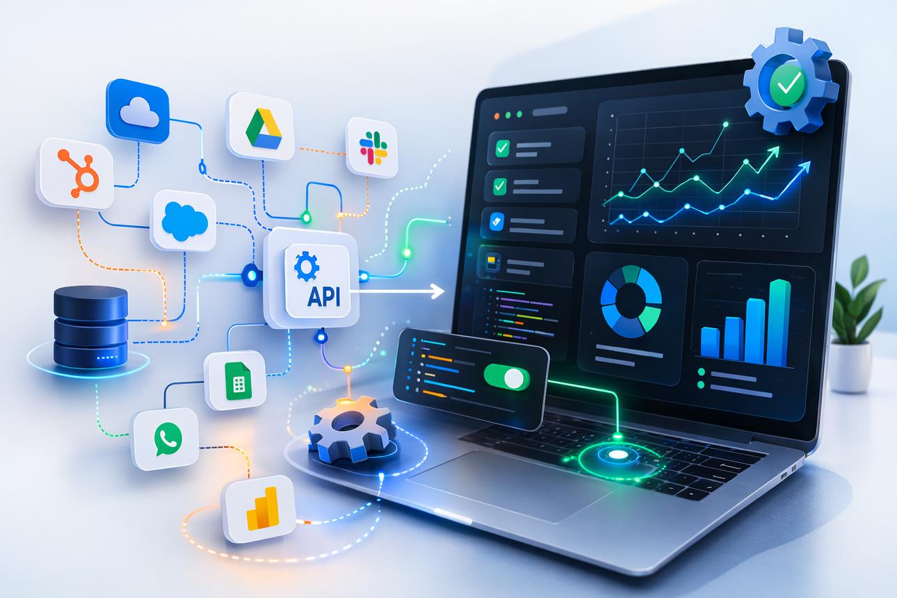Business systems, databases and cloud apps connected through a central API to a dashboard showing verification results and analytics.